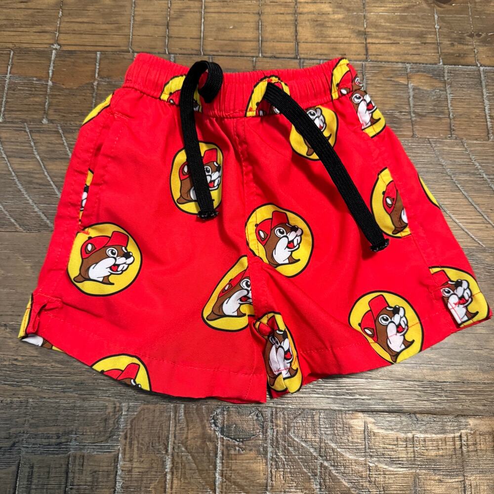 Buc-ee's Baby Boys Swim Trunks Size 9-12M Red All Over Beaver Print Board Shorts